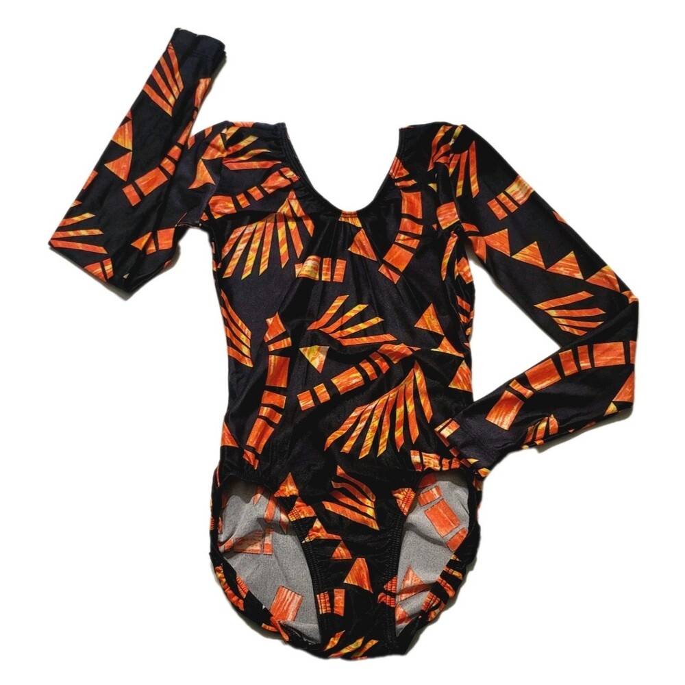 GK Elite VTG 1990s Geometric Leotard Long Sleeve AS Adult S Orange Black NWT